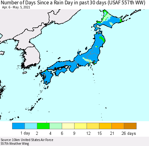 Japan Number of Days Since a Rain Day in past 30 days (USAF 557th WW) Thematic Map For 5/1/2021 - 5/5/2021