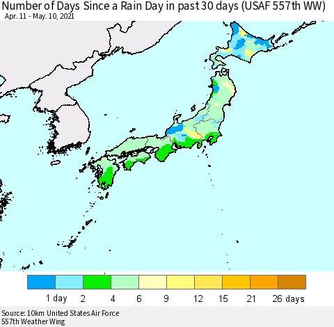 Japan Number of Days Since a Rain Day in past 30 days (USAF 557th WW) Thematic Map For 5/6/2021 - 5/10/2021