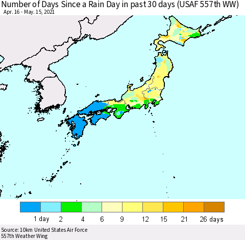 Japan Number of Days Since a Rain Day in past 30 days (USAF 557th WW) Thematic Map For 5/11/2021 - 5/15/2021
