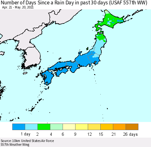 Japan Number of Days Since a Rain Day in past 30 days (USAF 557th WW) Thematic Map For 5/16/2021 - 5/20/2021