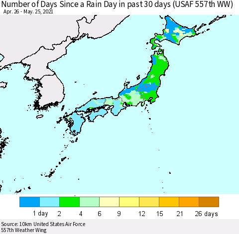 Japan Number of Days Since a Rain Day in past 30 days (USAF 557th WW) Thematic Map For 5/21/2021 - 5/25/2021