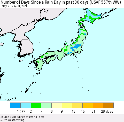 Japan Number of Days Since a Rain Day in past 30 days (USAF 557th WW) Thematic Map For 5/26/2021 - 5/31/2021