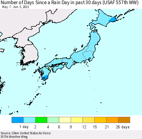 Japan Number of Days Since a Rain Day in past 30 days (USAF 557th WW) Thematic Map For 6/1/2021 - 6/5/2021