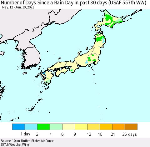 Japan Number of Days Since a Rain Day in past 30 days (USAF 557th WW) Thematic Map For 6/6/2021 - 6/10/2021