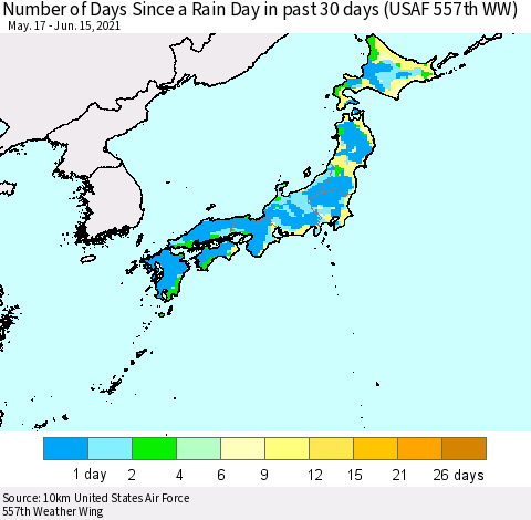 Japan Number of Days Since a Rain Day in past 30 days (USAF 557th WW) Thematic Map For 6/11/2021 - 6/15/2021