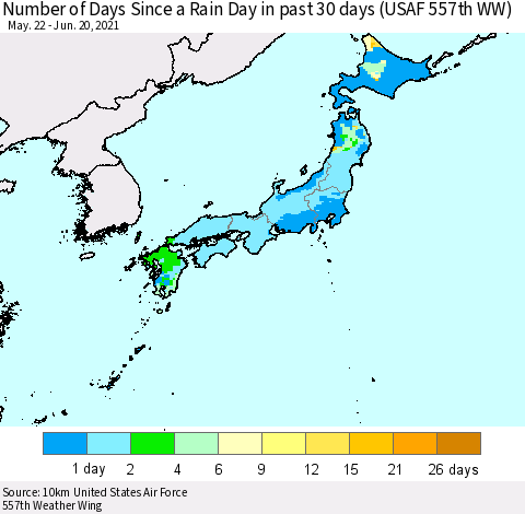 Japan Number of Days Since a Rain Day in past 30 days (USAF 557th WW) Thematic Map For 6/16/2021 - 6/20/2021
