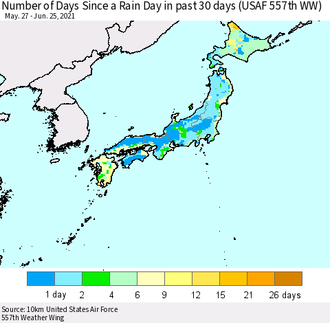 Japan Number of Days Since a Rain Day in past 30 days (USAF 557th WW) Thematic Map For 6/21/2021 - 6/25/2021