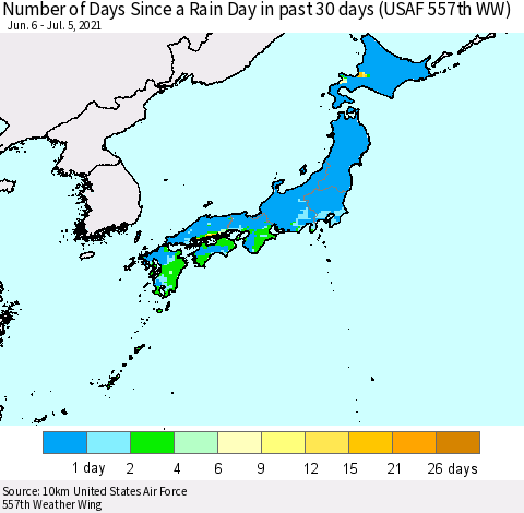 Japan Number of Days Since a Rain Day in past 30 days (USAF 557th WW) Thematic Map For 7/1/2021 - 7/5/2021