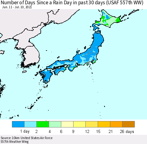 Japan Number of Days Since a Rain Day in past 30 days (USAF 557th WW) Thematic Map For 7/6/2021 - 7/10/2021