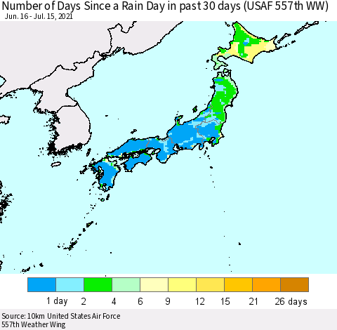 Japan Number of Days Since a Rain Day in past 30 days (USAF 557th WW) Thematic Map For 7/11/2021 - 7/15/2021