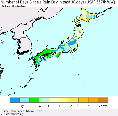 Japan Number of Days Since a Rain Day in past 30 days (USAF 557th WW) Thematic Map For 7/16/2021 - 7/20/2021