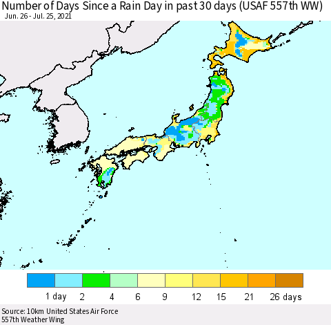 Japan Number of Days Since a Rain Day in past 30 days (USAF 557th WW) Thematic Map For 7/21/2021 - 7/25/2021