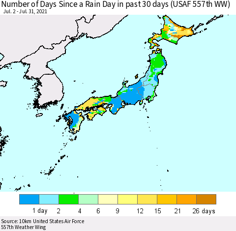 Japan Number of Days Since a Rain Day in past 30 days (USAF 557th WW) Thematic Map For 7/26/2021 - 7/31/2021