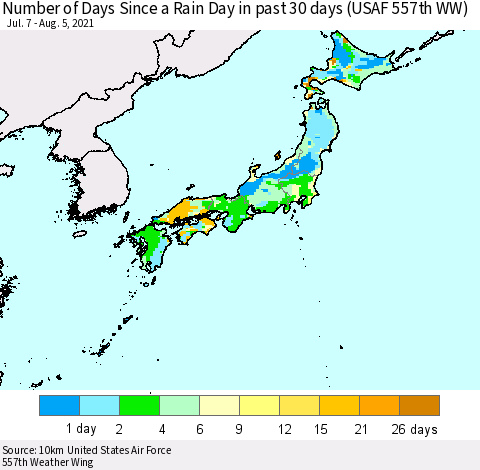 Japan Number of Days Since a Rain Day in past 30 days (USAF 557th WW) Thematic Map For 8/1/2021 - 8/5/2021
