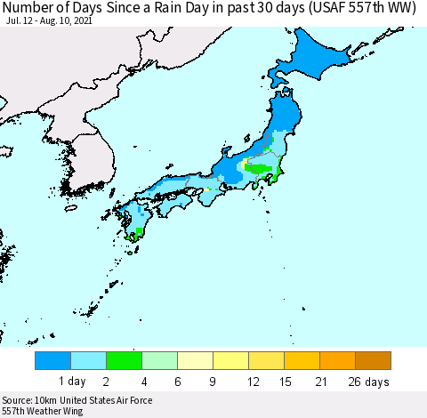 Japan Number of Days Since a Rain Day in past 30 days (USAF 557th WW) Thematic Map For 8/6/2021 - 8/10/2021