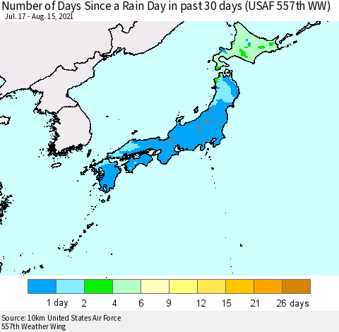 Japan Number of Days Since a Rain Day in past 30 days (USAF 557th WW) Thematic Map For 8/11/2021 - 8/15/2021