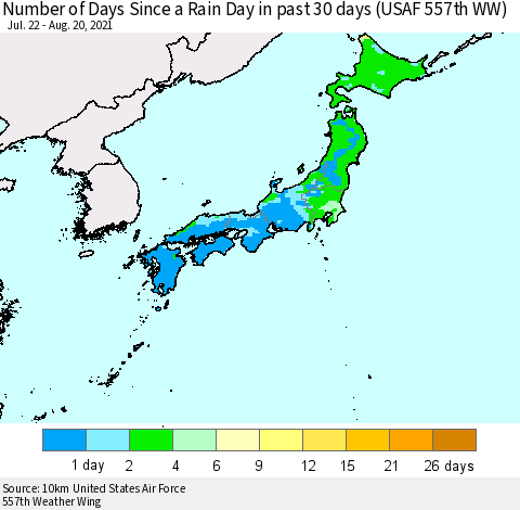 Japan Number of Days Since a Rain Day in past 30 days (USAF 557th WW) Thematic Map For 8/16/2021 - 8/20/2021