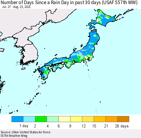 Japan Number of Days Since a Rain Day in past 30 days (USAF 557th WW) Thematic Map For 8/21/2021 - 8/25/2021