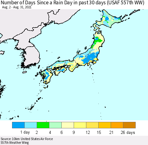 Japan Number of Days Since a Rain Day in past 30 days (USAF 557th WW) Thematic Map For 8/26/2021 - 8/31/2021