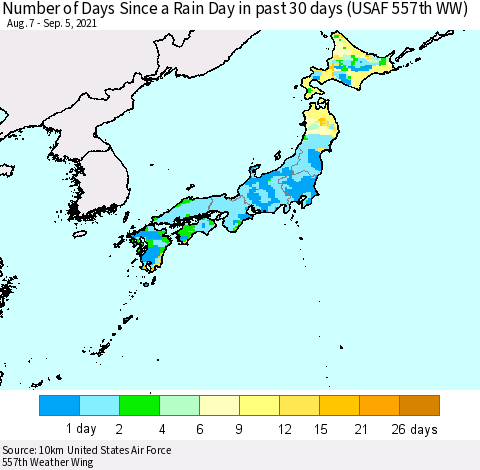 Japan Number of Days Since a Rain Day in past 30 days (USAF 557th WW) Thematic Map For 9/1/2021 - 9/5/2021