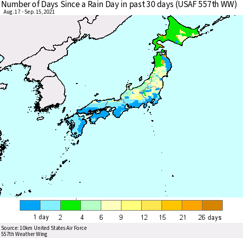 Japan Number of Days Since a Rain Day in past 30 days (USAF 557th WW) Thematic Map For 9/11/2021 - 9/15/2021