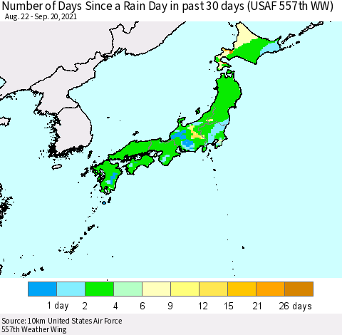 Japan Number of Days Since a Rain Day in past 30 days (USAF 557th WW) Thematic Map For 9/16/2021 - 9/20/2021