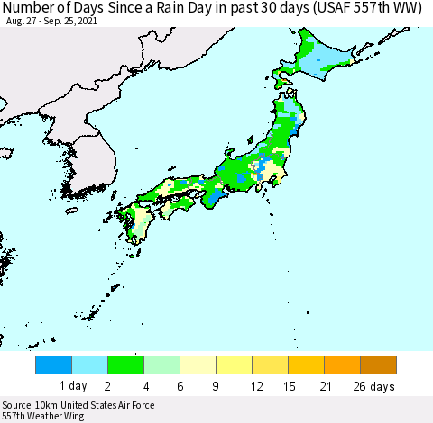 Japan Number of Days Since a Rain Day in past 30 days (USAF 557th WW) Thematic Map For 9/21/2021 - 9/25/2021