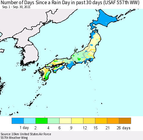 Japan Number of Days Since a Rain Day in past 30 days (USAF 557th WW) Thematic Map For 9/26/2021 - 9/30/2021