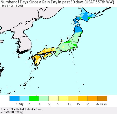 Japan Number of Days Since a Rain Day in past 30 days (USAF 557th WW) Thematic Map For 10/1/2021 - 10/5/2021