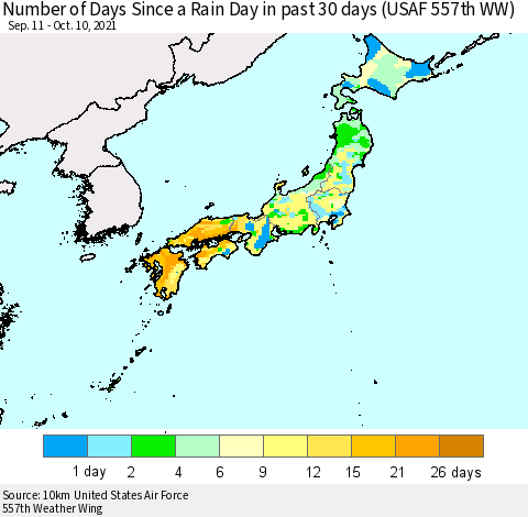 Japan Number of Days Since a Rain Day in past 30 days (USAF 557th WW) Thematic Map For 10/6/2021 - 10/10/2021