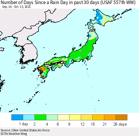 Japan Number of Days Since a Rain Day in past 30 days (USAF 557th WW) Thematic Map For 10/11/2021 - 10/15/2021