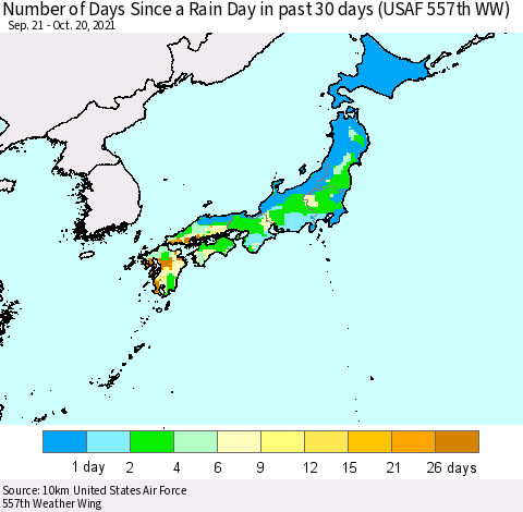 Japan Number of Days Since a Rain Day in past 30 days (USAF 557th WW) Thematic Map For 10/16/2021 - 10/20/2021