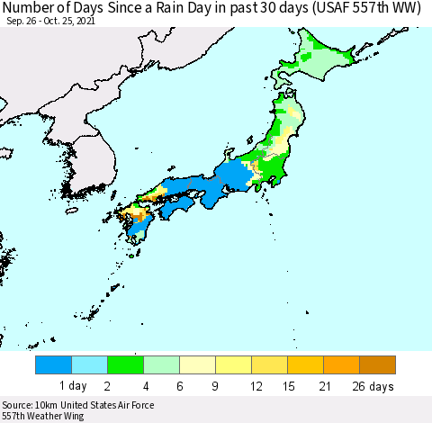Japan Number of Days Since a Rain Day in past 30 days (USAF 557th WW) Thematic Map For 10/21/2021 - 10/25/2021
