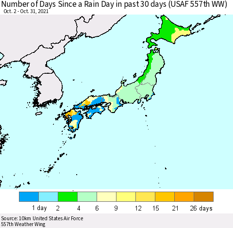 Japan Number of Days Since a Rain Day in past 30 days (USAF 557th WW) Thematic Map For 10/26/2021 - 10/31/2021