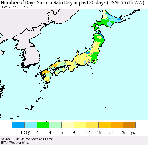 Japan Number of Days Since a Rain Day in past 30 days (USAF 557th WW) Thematic Map For 11/1/2021 - 11/5/2021