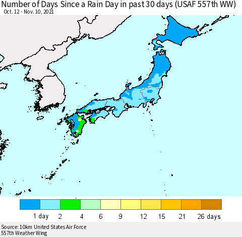 Japan Number of Days Since a Rain Day in past 30 days (USAF 557th WW) Thematic Map For 11/6/2021 - 11/10/2021