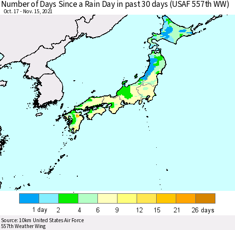 Japan Number of Days Since a Rain Day in past 30 days (USAF 557th WW) Thematic Map For 11/11/2021 - 11/15/2021