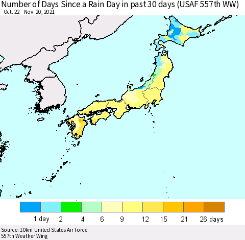 Japan Number of Days Since a Rain Day in past 30 days (USAF 557th WW) Thematic Map For 11/16/2021 - 11/20/2021