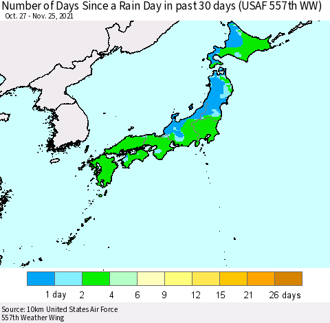 Japan Number of Days Since a Rain Day in past 30 days (USAF 557th WW) Thematic Map For 11/21/2021 - 11/25/2021