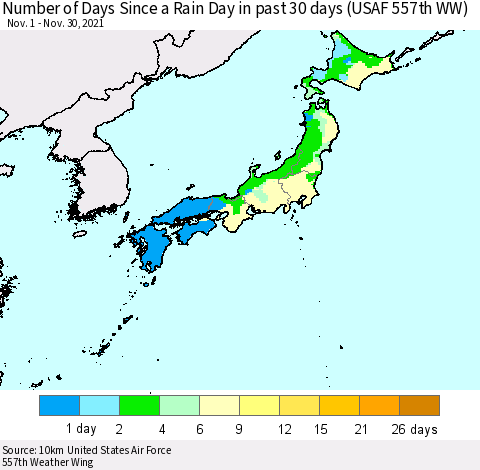 Japan Number of Days Since a Rain Day in past 30 days (USAF 557th WW) Thematic Map For 11/26/2021 - 11/30/2021