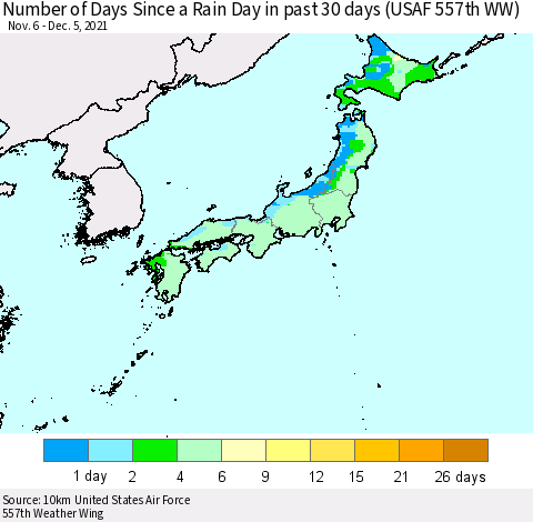 Japan Number of Days Since a Rain Day in past 30 days (USAF 557th WW) Thematic Map For 12/1/2021 - 12/5/2021