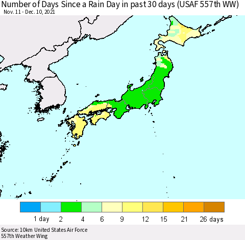 Japan Number of Days Since a Rain Day in past 30 days (USAF 557th WW) Thematic Map For 12/6/2021 - 12/10/2021