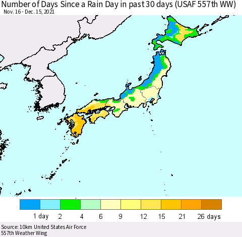 Japan Number of Days Since a Rain Day in past 30 days (USAF 557th WW) Thematic Map For 12/11/2021 - 12/15/2021