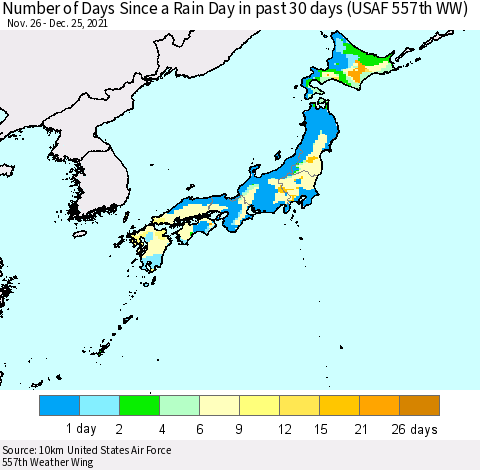 Japan Number of Days Since a Rain Day in past 30 days (USAF 557th WW) Thematic Map For 12/21/2021 - 12/25/2021