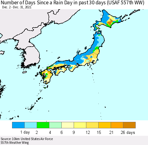 Japan Number of Days Since a Rain Day in past 30 days (USAF 557th WW) Thematic Map For 12/26/2021 - 12/31/2021