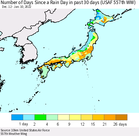 Japan Number of Days Since a Rain Day in past 30 days (USAF 557th WW) Thematic Map For 1/6/2022 - 1/10/2022