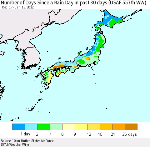 Japan Number of Days Since a Rain Day in past 30 days (USAF 557th WW) Thematic Map For 1/11/2022 - 1/15/2022