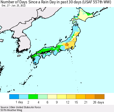Japan Number of Days Since a Rain Day in past 30 days (USAF 557th WW) Thematic Map For 1/21/2022 - 1/25/2022