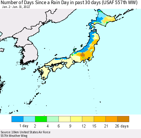 Japan Number of Days Since a Rain Day in past 30 days (USAF 557th WW) Thematic Map For 1/26/2022 - 1/31/2022