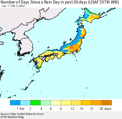 Japan Number of Days Since a Rain Day in past 30 days (USAF 557th WW) Thematic Map For 2/1/2022 - 2/5/2022